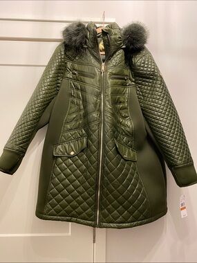 NWT Michael Kors Mixed Media Hooded Quilted Jacket Olive Green Plus Size 3X